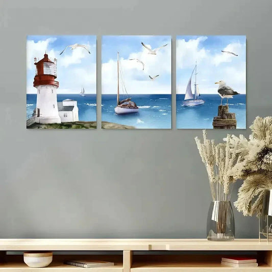3pcs Boats On The Ocean Vintage Beach Lighthouse Metal Print Ready to Hang Art
