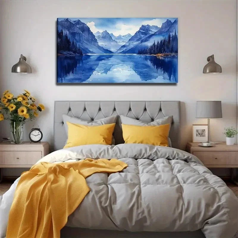 Blue Landscape Painting Wall Art Canvas Office Home Room Framed 80x45cm