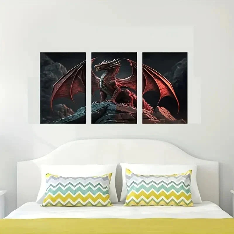 3pcs Fantasy Dragon Wild Animals Paintings   Metal Print Ready to Hang Art