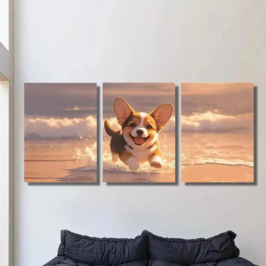3pcs puppy Corgi is a lively and energetic, Puppy Metal Print Ready to Hang Art