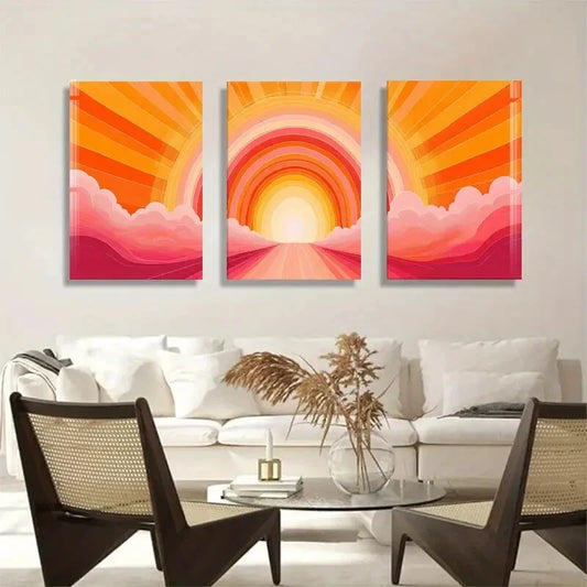 3pcs Vibrant Abstract Sunburst Sunrise Perfect Wall Art Set Canvas Framed 40x60cm - High Quality Print 100% Australian Made Wall Canvas Ready to Hang