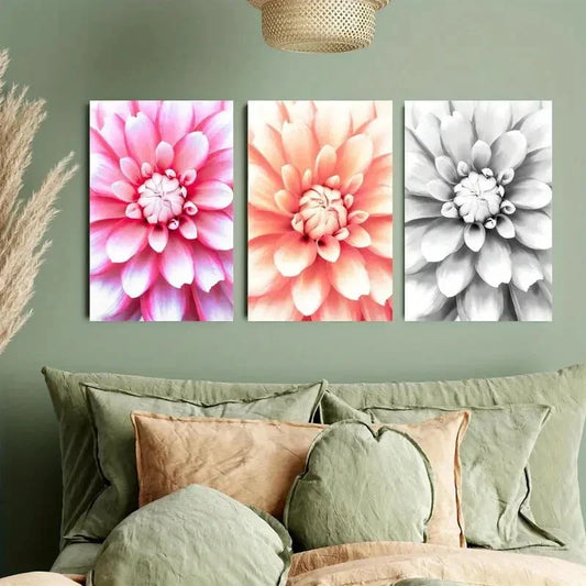 3pcs Colorful Dahlias Still Life Design Metal Print Ready to Hang Art