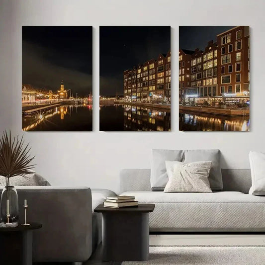 3pcs Amsterdam Canal Night Cityscape Night Metal Print Ready to Hang Art