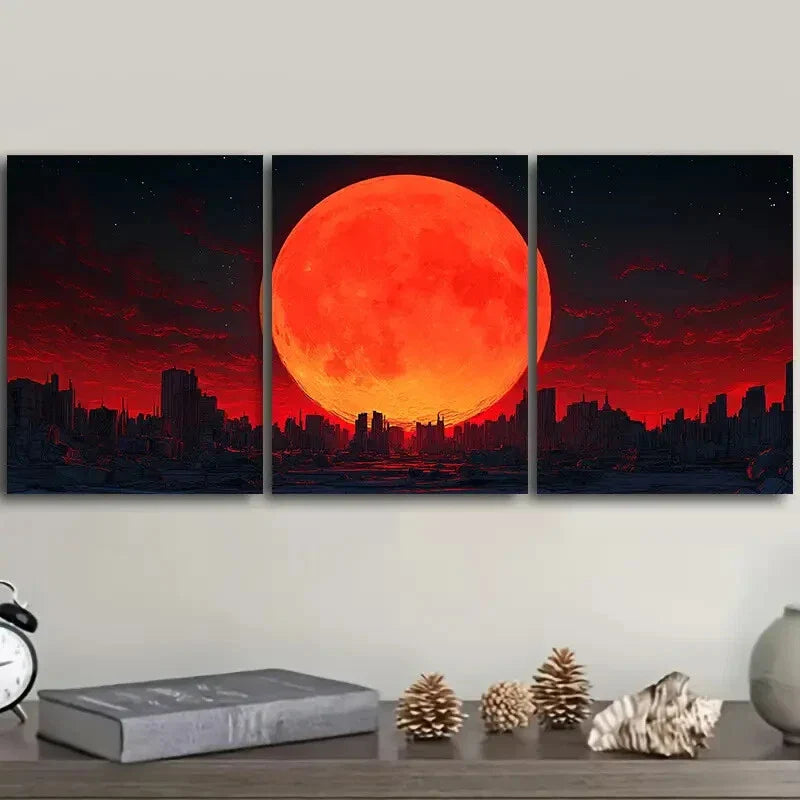 3pcs Big Red Moon , Modern Metal Print Ready to Hang Art