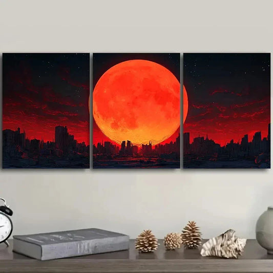 3pcs Big Red Moon , Modern Metal Print Ready to Hang Art