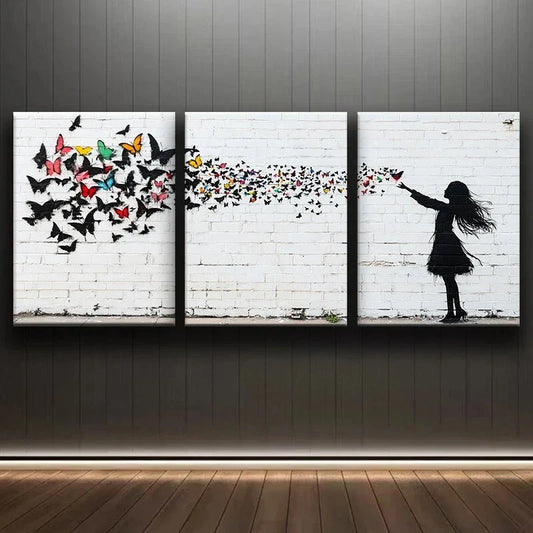 3pcs Small Girl Colourful Butterflies Metal Print Ready to Hang Art