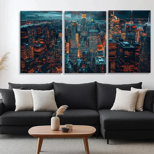 3pcs Night Cityscape Glowing Urban Sky Perfect Wall Art Set Canvas Framed 40x60cm - High Quality Print 100% Australian Made Wall Canvas Ready to Hang