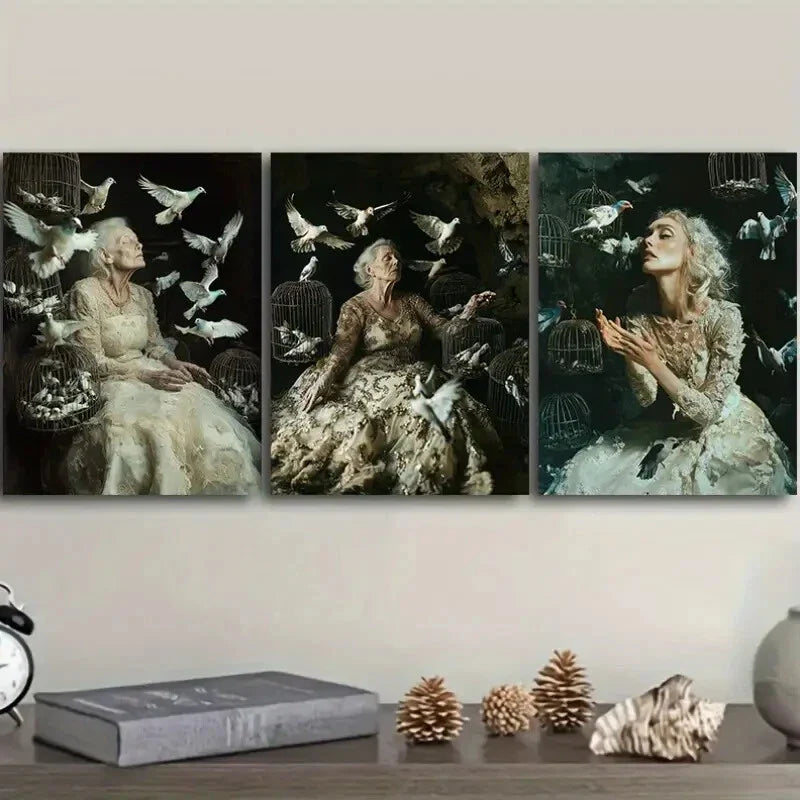 3pcs The trapped bride With Birds Wall Art Set Canvas Framed 40x60cm - High Quality Print 100% Australian Made Wall Canvas Ready to Hang