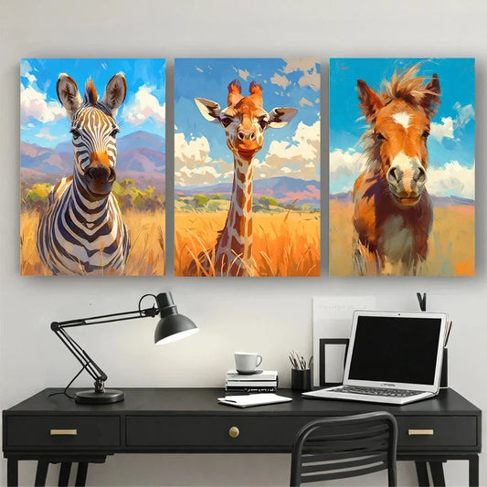 3pcs Modern Animals And Grasslands Metal Print Ready to Hang Art