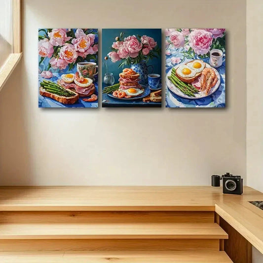 3pcs Breakfast Scene with Flowers Eggs Bacon & Tea Metal Print Ready to Hang Art