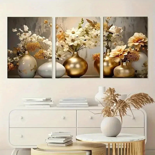 3pcs  Golden and White Flowers  Painting Metal Print Ready to Hang Art