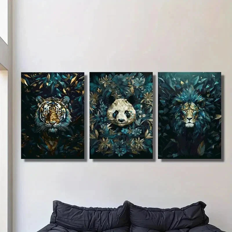 3pcs Blue geometric animal poster, animal Metal Print Ready to Hang Art