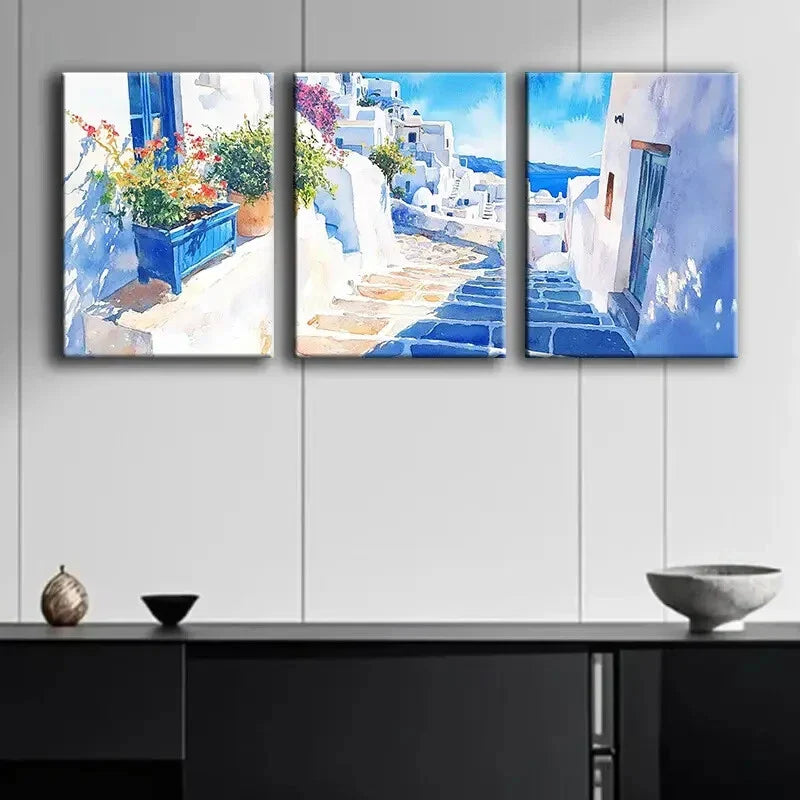 3pcs Greek Island Scenes with Vibrant Blue & White Metal Print Ready to Hang Art