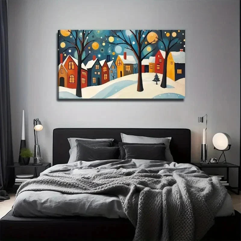 Snow Town Suitable Murals Wall Art Canvas Office Home Room Framed 120x60cm