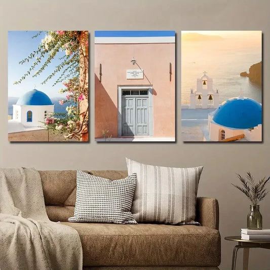 3pcs Santorini Pink Greek Island Metal Print Ready to Hang Art