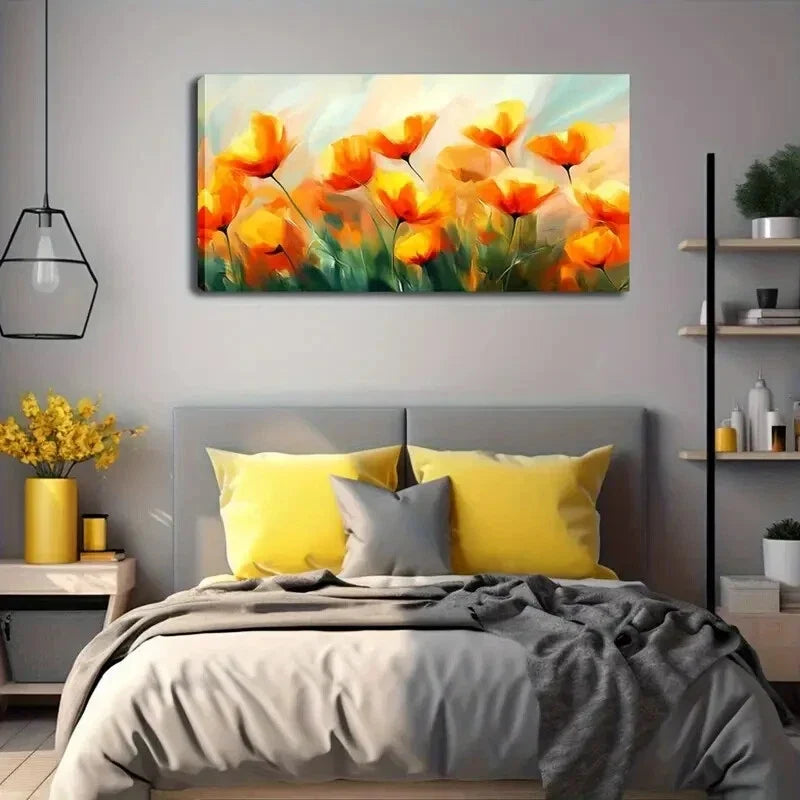 Vibrant Orange & Yellow Poppy Wall Art Canvas Office Home Room Framed 120x60cm