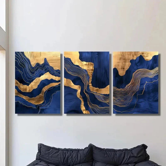 3pcs Abstract wavy blue marble and gold gilt  Metal Print Ready to Hang Art