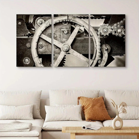 3pcs Vintage Gray Mechanical Gear Geometric Shapes Metal Print Ready to Hang Art