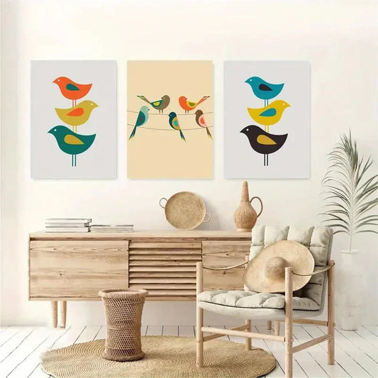3pcs Mid-Century Modern Bird Illustrations Metal Print Ready to Hang Art