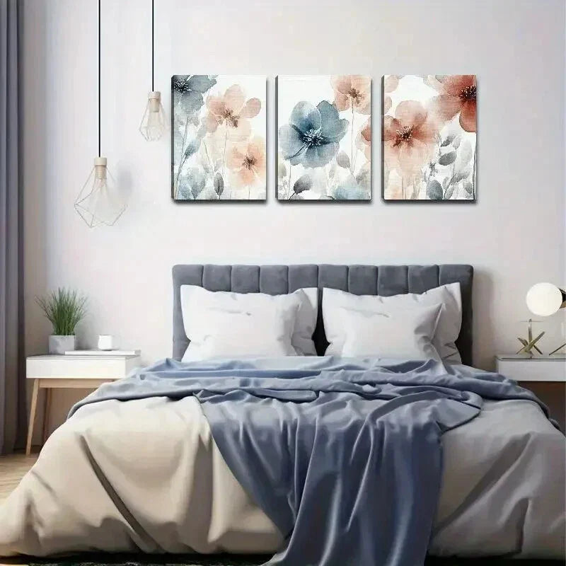 3pcs Elegant Watercolor Flowers In Pink BlueMetal Print Ready to Hang Art