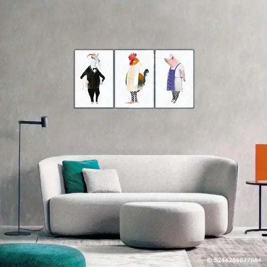 3pcs Goat Rooster Pig Animal Portrait Art Poster Metal Print Ready to Hang Art