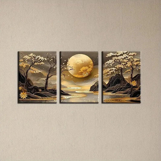 3pcs Enchanting Golden Sun and Mountains Metal Print Ready to Hang Art