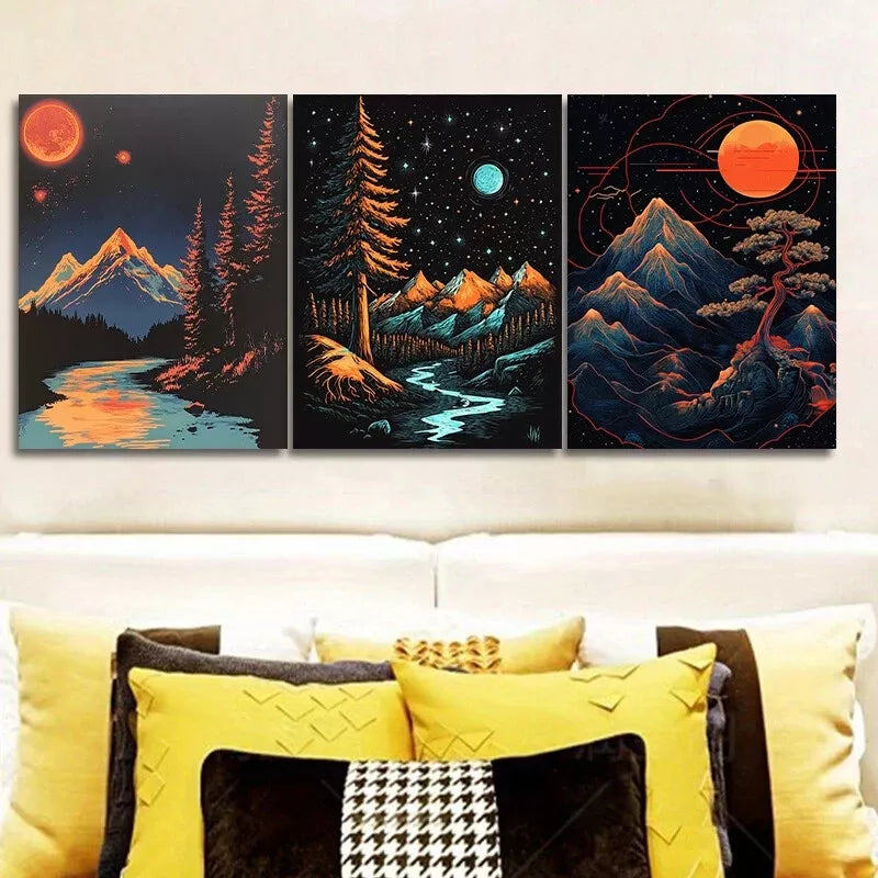 3pcs Featuring A Starry Sky Nature Moon Wall Art Set Canvas Framed 40x60cm - High Quality Print 100% Australian Made Wall Canvas Ready to Hang