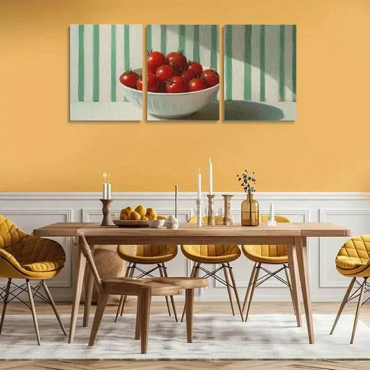 3pcs Vibrant Red Tomatoes with Green Stripes Metal Print Ready to Hang Art