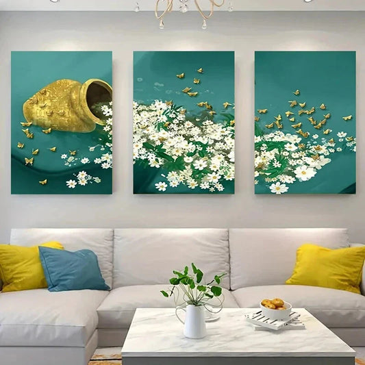 3pcs Serene Daisy Goldfish Teal White Floral Metal Print Ready to Hang Art