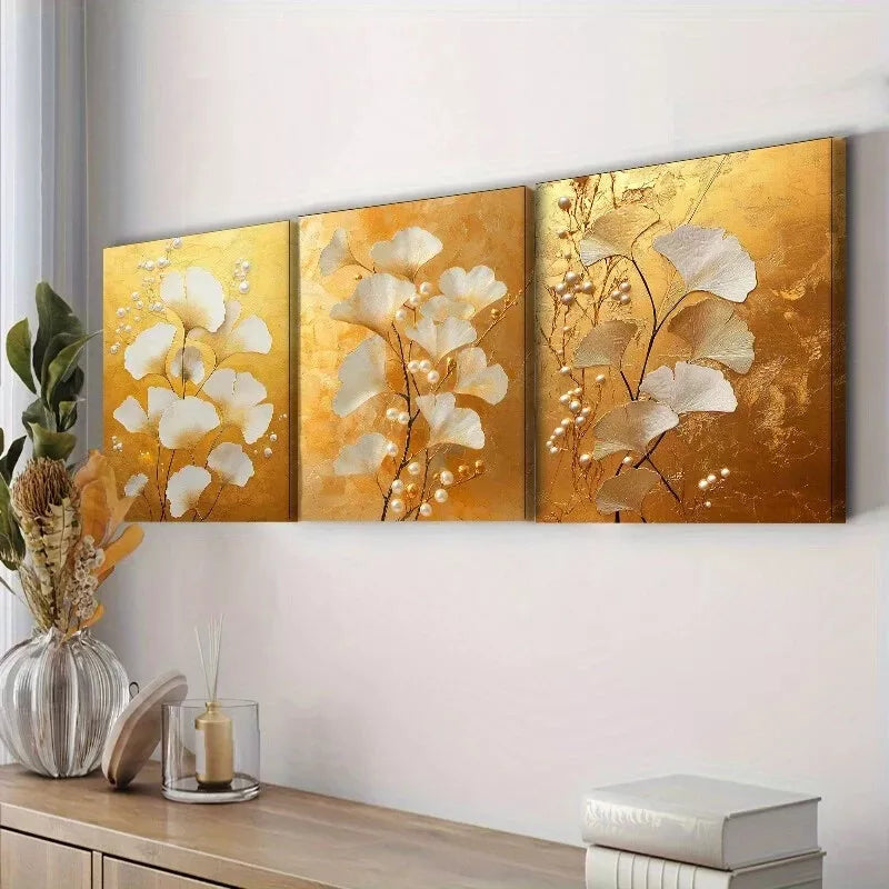 3pcs Ginkgo Leaves And Pearls Nature   Wall Art Set Canvas Framed 40x60cm - High Quality Print 100% Australian Made Wall Canvas Ready to Hang