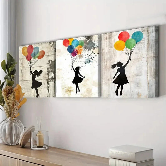 3pcs Featuring a Girl with Balloons Decorating Wall Art Set Canvas Framed 40x60cm - High Quality Print 100% Australian Made Wall Canvas Ready to Hang