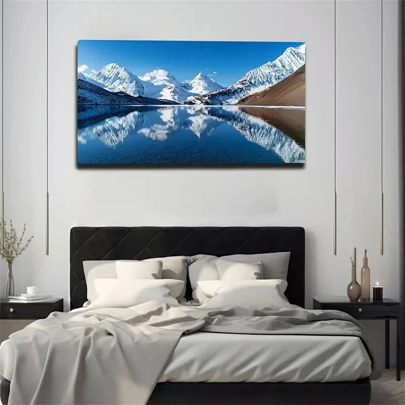Mountain Lake Reflection Wall Art Canvas Office Home Room Framed 80x45cm