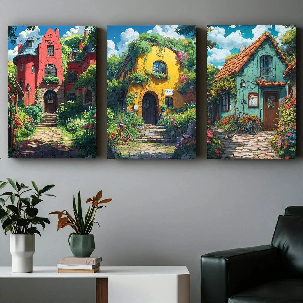 3pcs Whimsical House Whimsical House Series Street Metal Print Ready to Hang Art