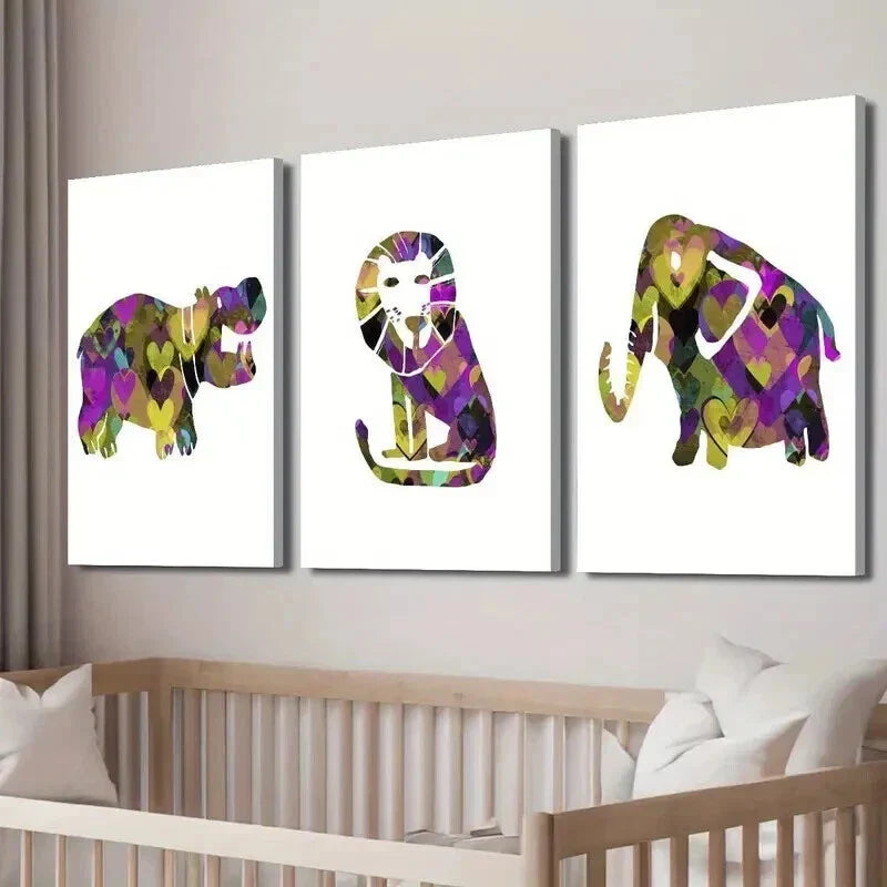 3pcs Abstract Hippo Lion Zebra Elephant Wall Art Set Canvas Framed 40x60cm - High Quality Print 100% Australian Made Wall Canvas Ready to Hang