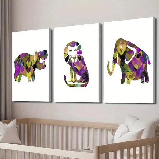 3pcs Abstract Hippo Lion Zebra Elephant Wall Art Set Canvas Framed 40x60cm - High Quality Print 100% Australian Made Wall Canvas Ready to Hang