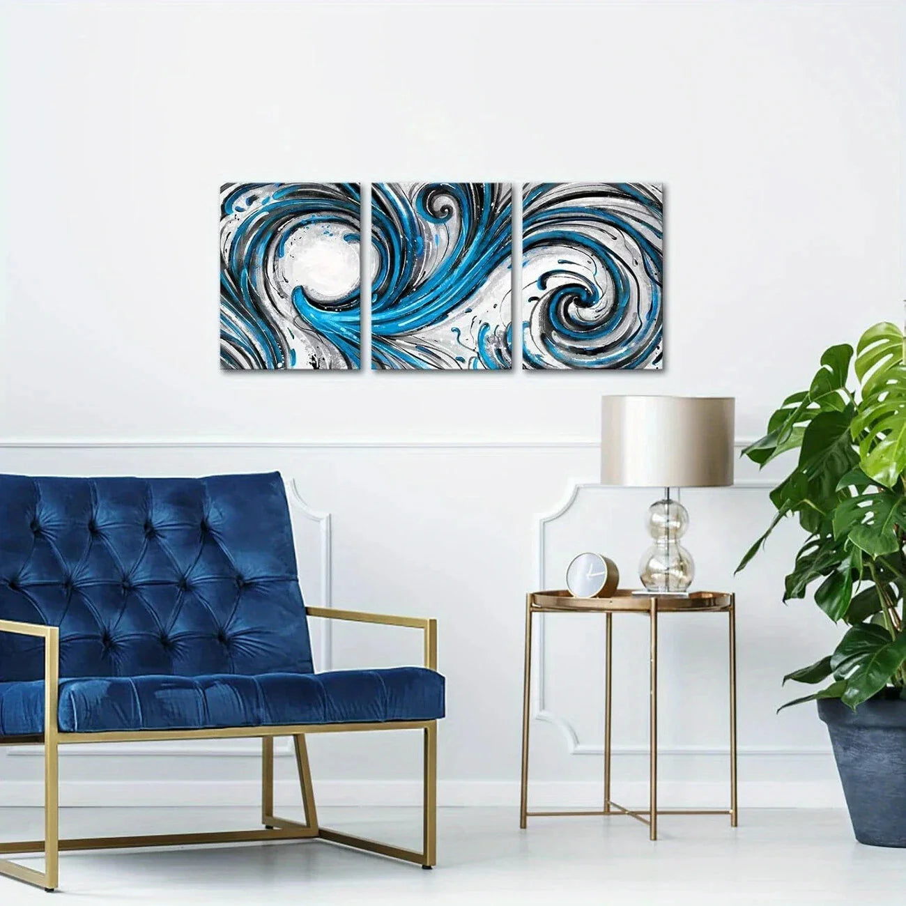 3pcs Abstract Circle Line Black & Blue Metal Print Ready to Hang Art