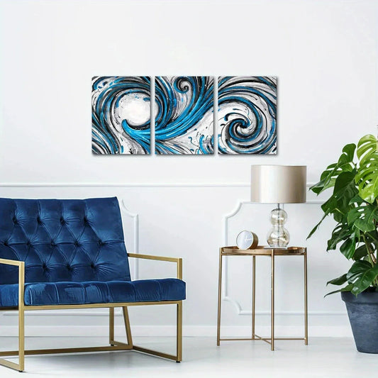 3pcs Abstract Circle Line Black & Blue Metal Print Ready to Hang Art