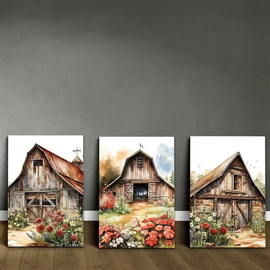 3pcs Charming Red Country Barn Metal Print Ready to Hang Art
