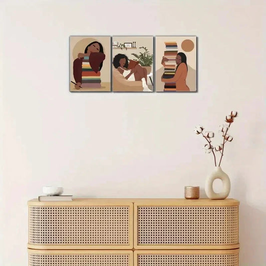 3pcs African American Girl In Her Room With Books Metal Print Ready to Hang Art