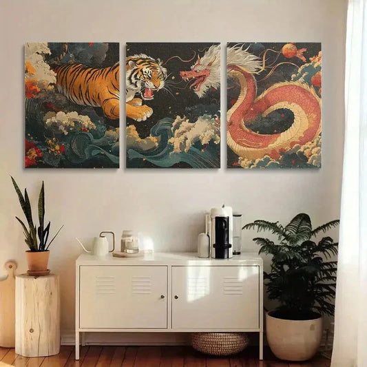 3pcs Vibrant Japanese Ukiyo-e Style Metal Print Ready to Hang Art