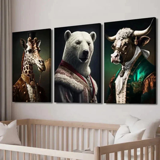 3pcs Giraffe Polar Bear & Bull Wearing Clothes Wall Art Set Canvas Framed 40x60cm - High Quality Print 100% Australian Made Wall Canvas Ready to Hang