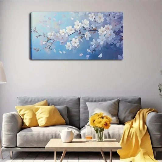 White Flowers Blooming On Blue Wall Art Canvas Office Home Room Framed 120x60cm