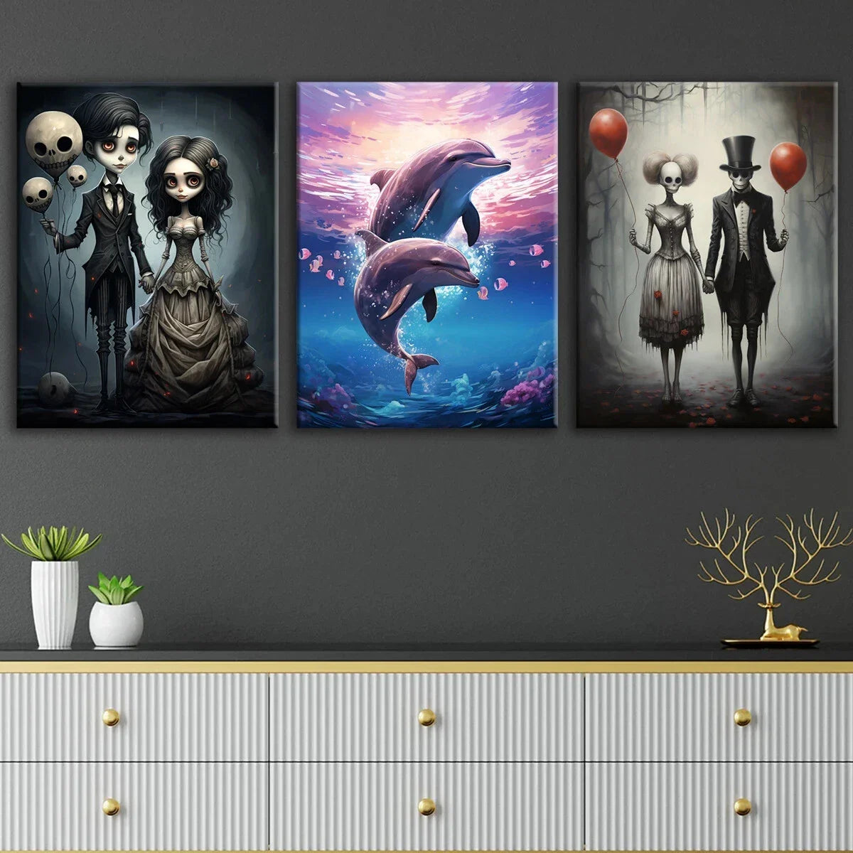 3pcs Skeleton Couple Modern Fantasy Metal Print Ready to Hang Art