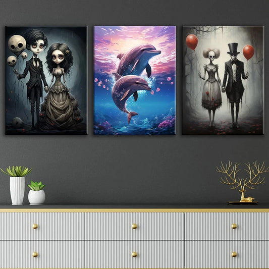 3pcs Skeleton Couple Modern Fantasy Metal Print Ready to Hang Art
