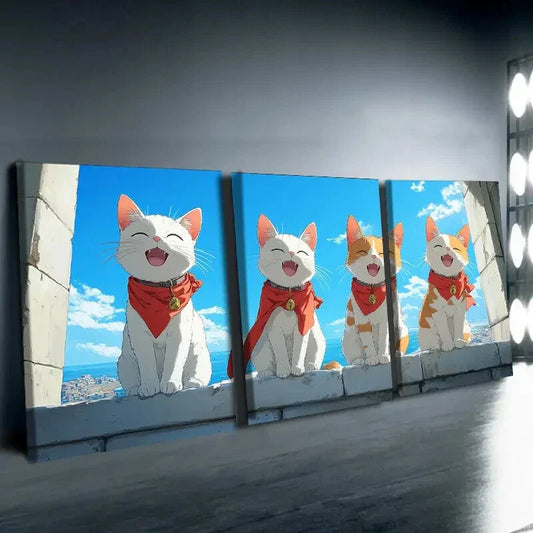 3pcs Charming White Cat Cute Blue Sky Perfect Wall Art Set Canvas Framed 40x60cm - High Quality Print 100% Australian Made Wall Canvas Ready to Hang