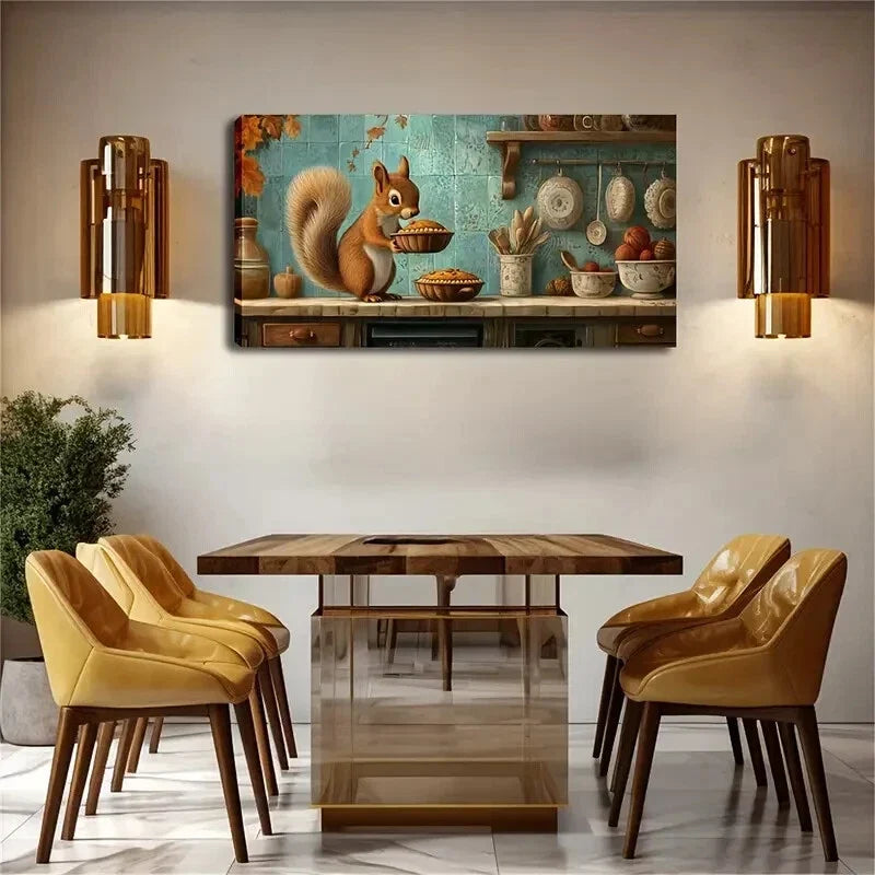 Whimsical Squirrel Apple Pie Wall Art Canvas Office Home Room Framed 120x60cm