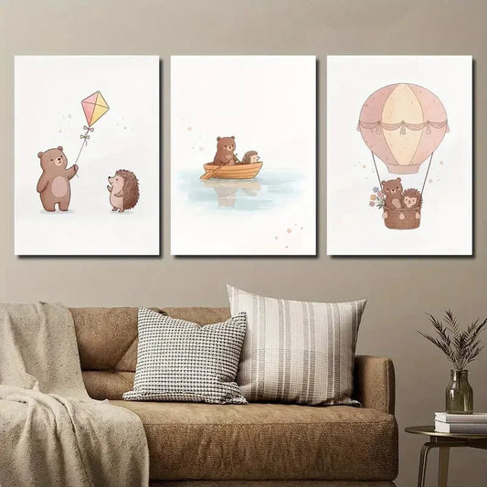 3pcs Cartoon Cute Bear and Hedgehog Animal Metal Print Ready to Hang Art