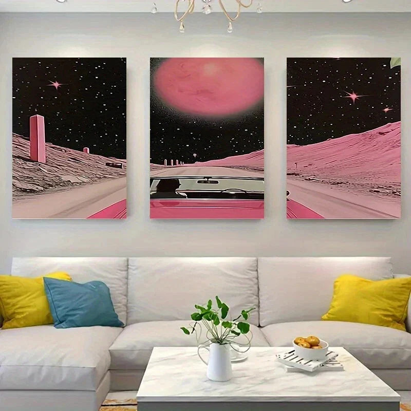 3pcs Pink Moon And Starry Night Car And Women'S Metal Print Ready to Hang Art