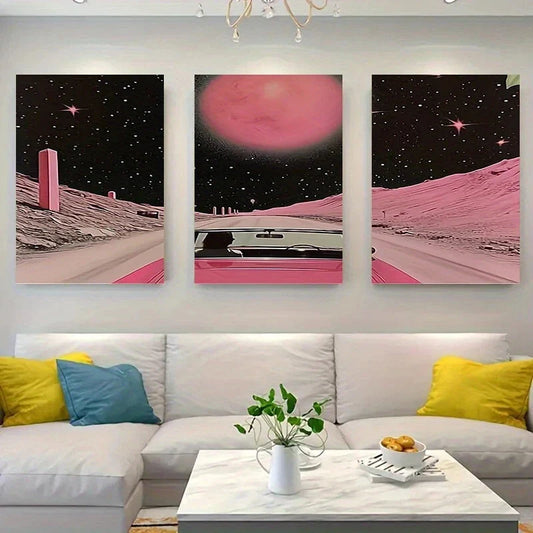 3pcs Pink Moon And Starry Night Car And Women'S Metal Print Ready to Hang Art