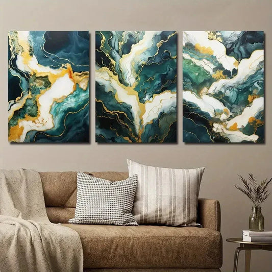 3pcs Modern Green Marble Abstract Golden Metal Print Ready to Hang Art